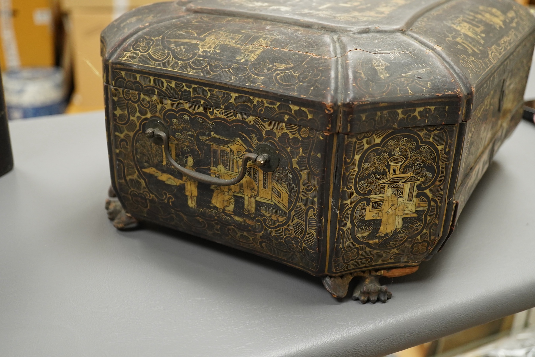 A 19th century Chinese export lacquer box containing assorted mother-of-pearl gaming counters and a 19th century Japanese lacquer box, largest 42.5cm wide. Condition - fair
